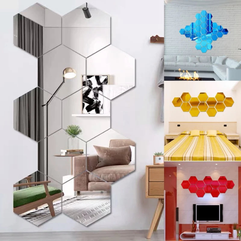 6/12pcs 3D Mirror Wall Sticker Hexagon Decal Home Decor DIY Self-adhesive Mirror Decor Stickers Art Wall Decoration 126mm Large