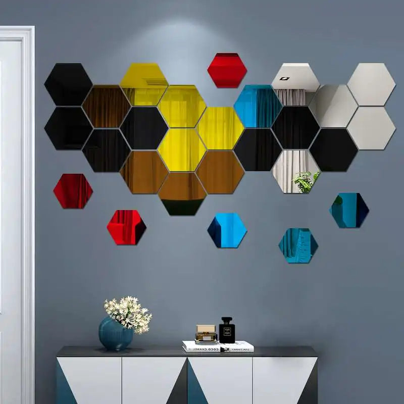 6/12pcs 3D Mirror Wall Sticker Hexagon Decal Home Decor DIY Self-adhesive Mirror Decor Stickers Art Wall Decoration 126mm Large