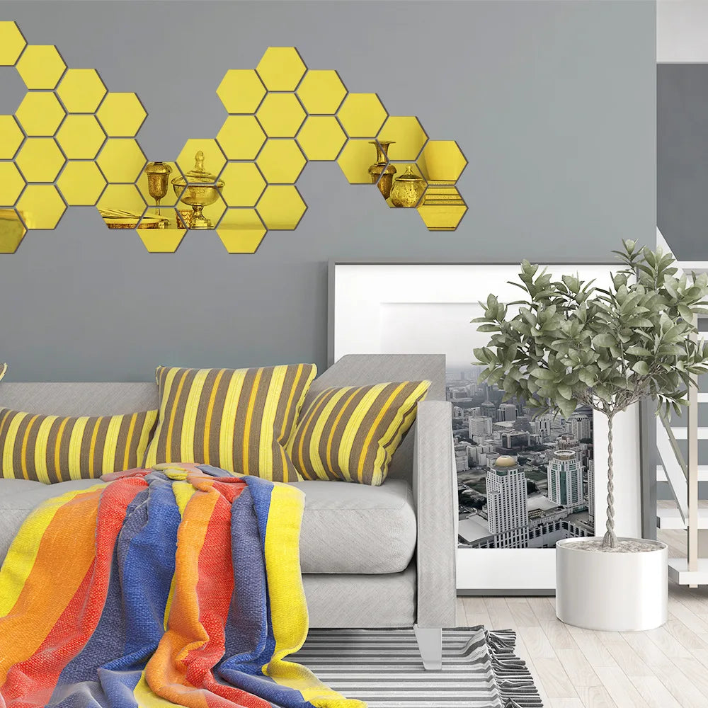 6/12pcs 3D Mirror Wall Sticker Hexagon Decal Home Decor DIY Self-adhesive Mirror Decor Stickers Art Wall Decoration 126mm Large