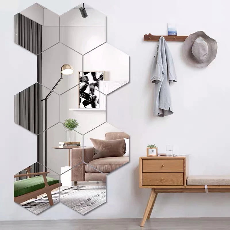 6/12pcs 3D Mirror Wall Sticker Hexagon Decal Home Decor DIY Self-adhesive Mirror Decor Stickers Art Wall Decoration 126mm Large