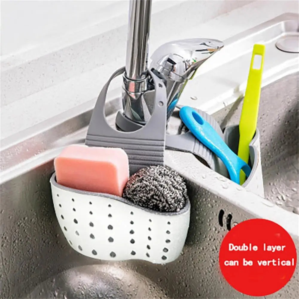 1pc Double Sink Draining Hanging Bag Adjustable Press Faucet Shelf Sponge Double Basket Storage Kitchen Supplies