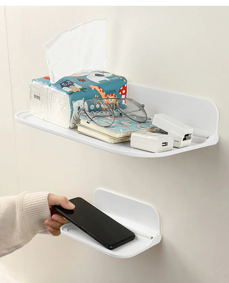 Folding Wall Mounted Shelf Saving Space Foldable Storage Rack Punch-Free Phone Holder Wifi Router Storage Tray BathroomOrganizer